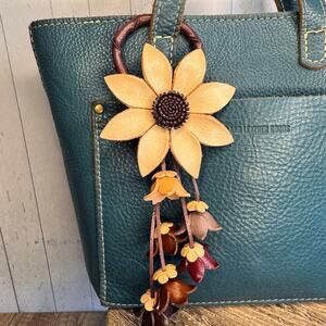 Cream Neutral Daisy Leather Flower Purse Charm Genuine Leather Tan Bag Charm